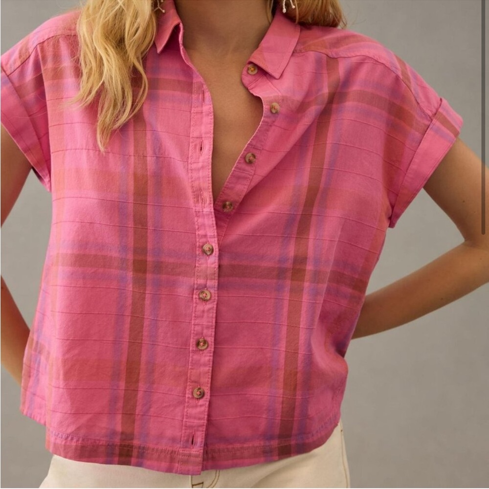 Anthropologie Pink Plaid Short-Sleeve Button Front Blouse